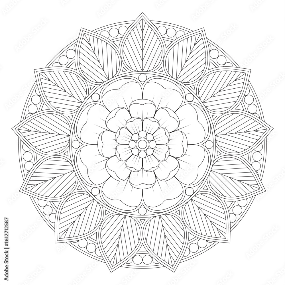 Fototapeta premium A detailed mandala design featuring floral patterns, circular shapes, and intricate line work. Ideal for coloring books or art therapy.