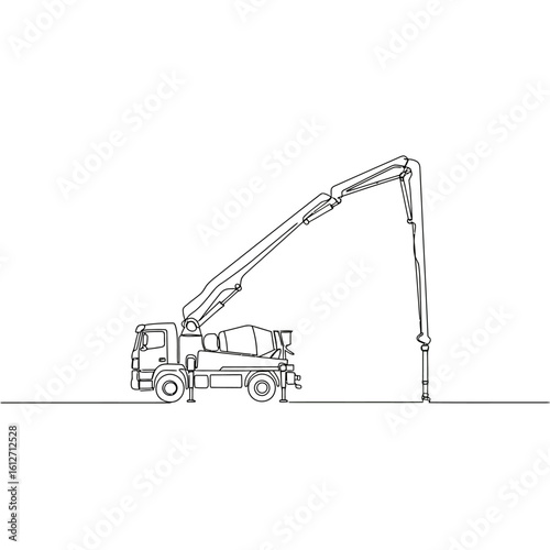 A modern concrete pump truck depicted in a continuous single line art style, illustrating heavy construction machinery for building projects.