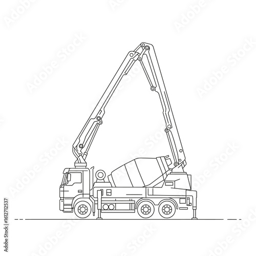 Detailed line drawing of a concrete mixer truck with an extended boom, set against a clean white background, showcasing industrial design with precision.