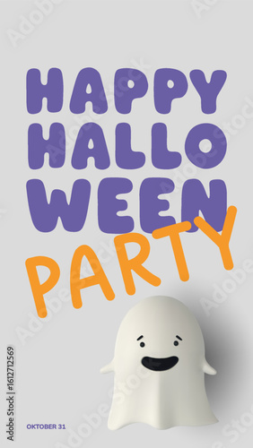 Vertical Halloween party poster with a smiling 3D cartoon ghost on a light background and playful typography. Cute and festive design for seasonal flyers, invitations, and mobile visuals. Vector