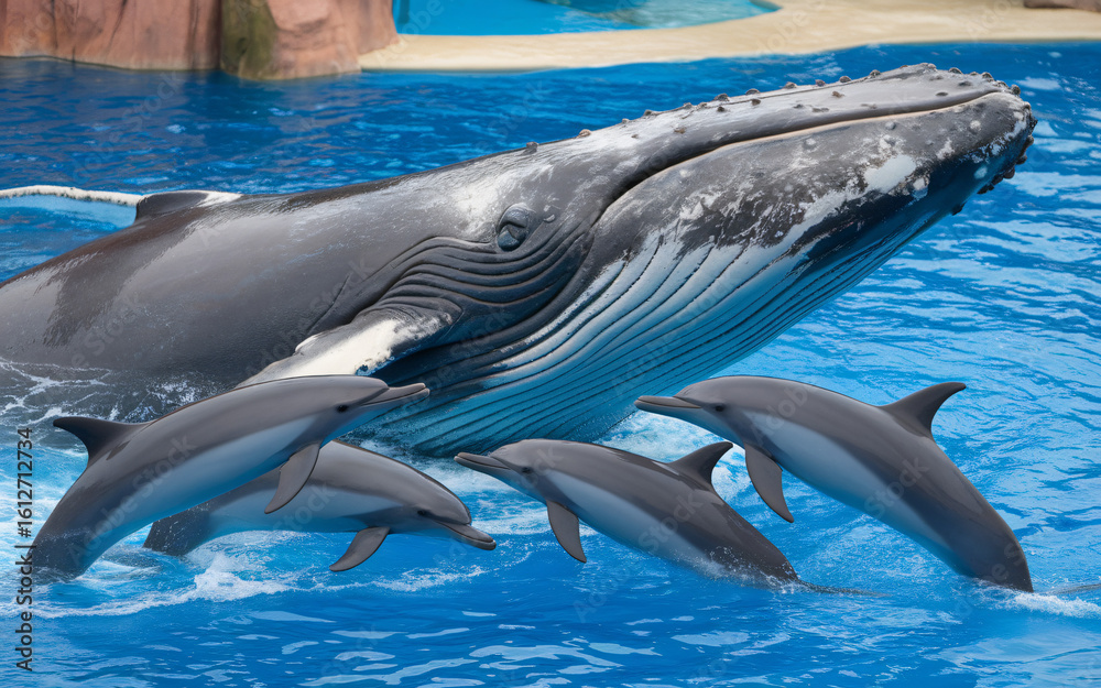 Naklejka premium Whale and dolphin show sea life marine animals ocean aquatic wildlife