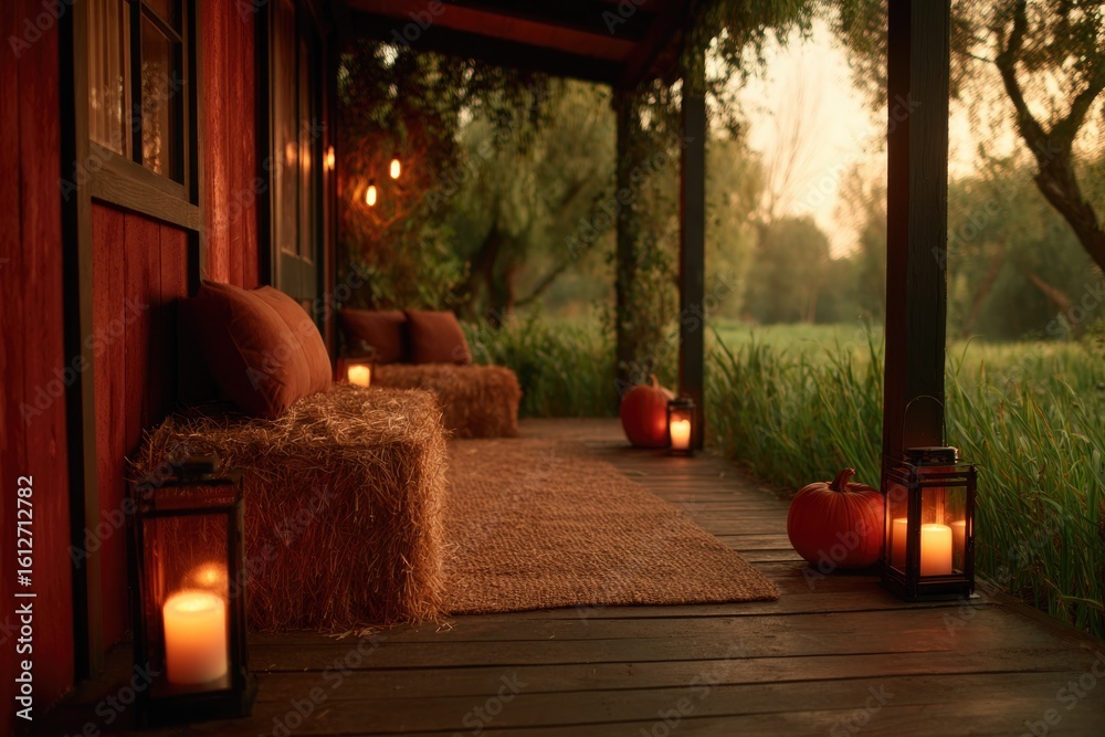 Fototapeta premium Warm lantern light illuminates cozy porch adorned with pumpkins