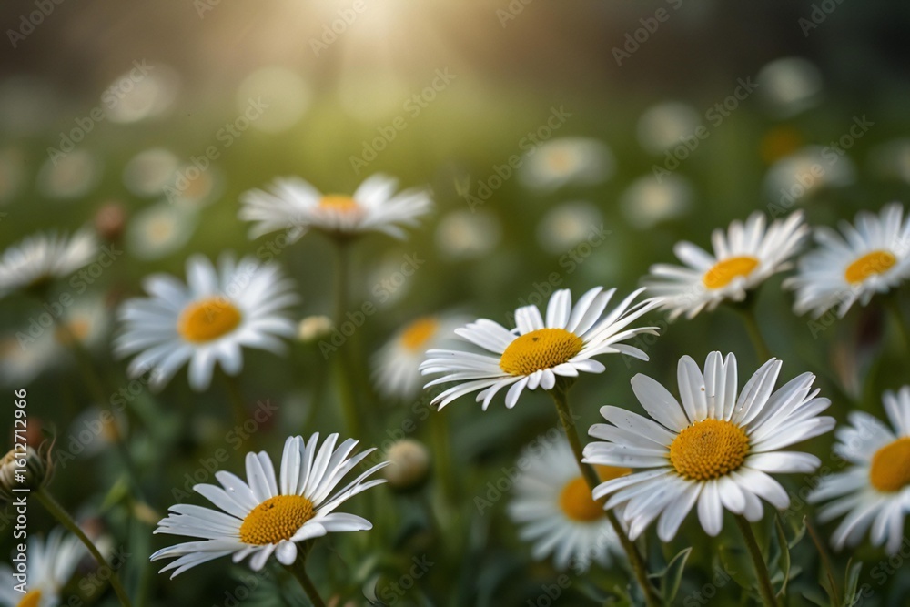 Fototapeta premium Sunlit field of white daisies in soft focus