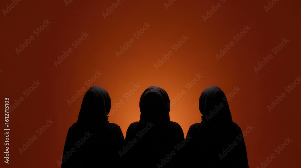 Fototapeta premium Silhouettes of three figures against glowing orange backdrop cre