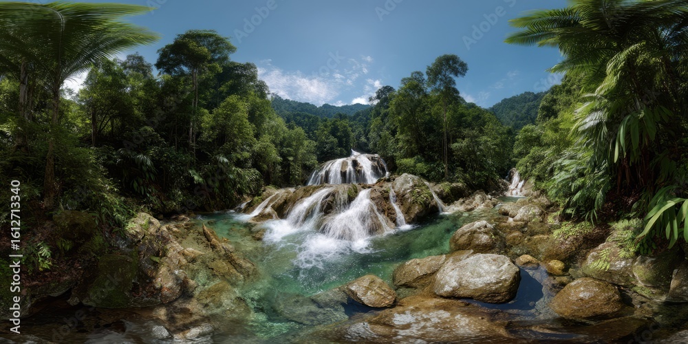Fototapeta premium Panoramic 360 degree hdr waterfall experience lush nature vibrant jungle environment