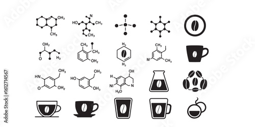 Black and white illustration of coffee beans and chemical structures on a white background