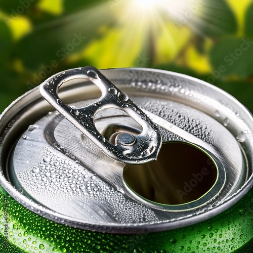 Close-up view of a refreshing beverage can opening with condensation and sunlight glistening above