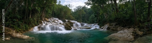 Cascading waterfalls adventure lush forest hdr panoramic views nature 360 degree landscape