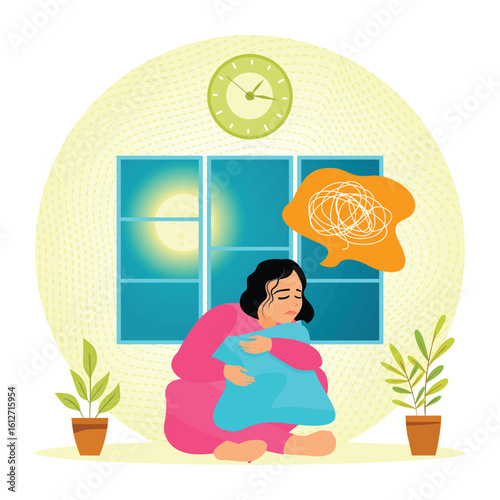 Sleep Disorders. Woman Having Anxiety Late At Night, Holding Pillow While Sleepy.