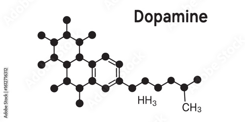 Illustration of a dopamine molecule with black circles and lines on a white background