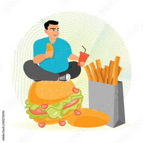 Overeating Addiction. Obese Man Sitting on Giant Burger While Holding Snacks and Drink.