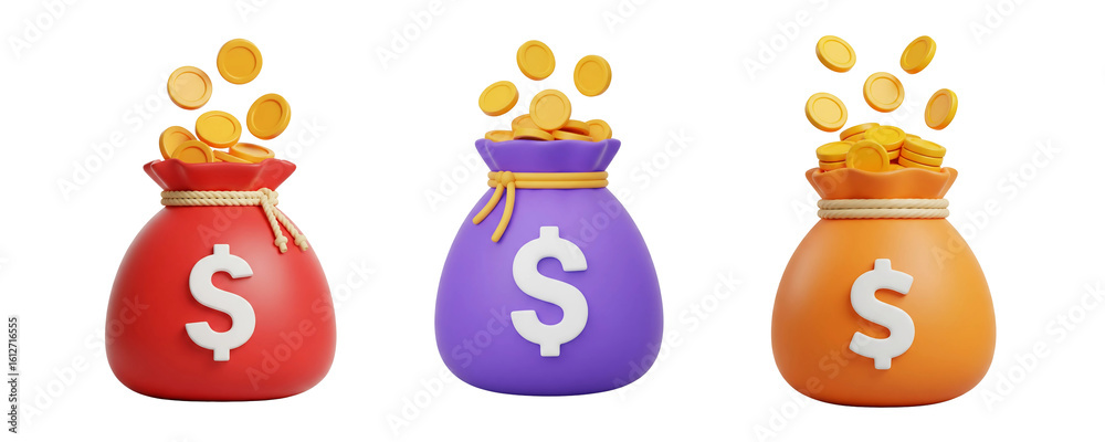 colorful money bag overflowing with gold coins isolated on transparent background colorful money bag overflowing with gold coins isolated on transparent background