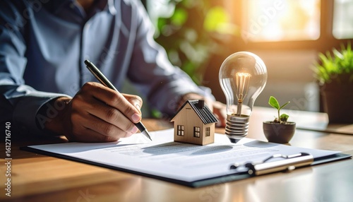 A person signs a document on a desk with a small house model, a lit light bulb, and a potted plant, symbolizing ideas, sustainability, and real estate.