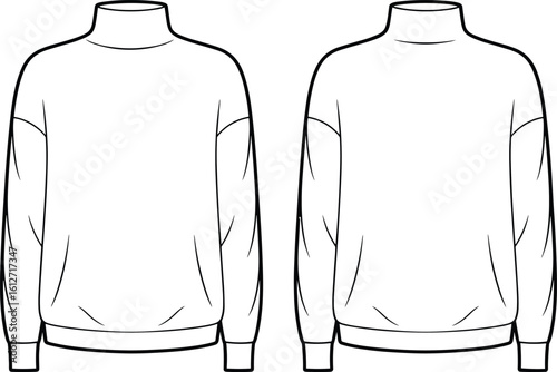 CAD drawing flat vector illustration of front and back sweatshirt with mock neck, fashion garment sketch for clothing design template