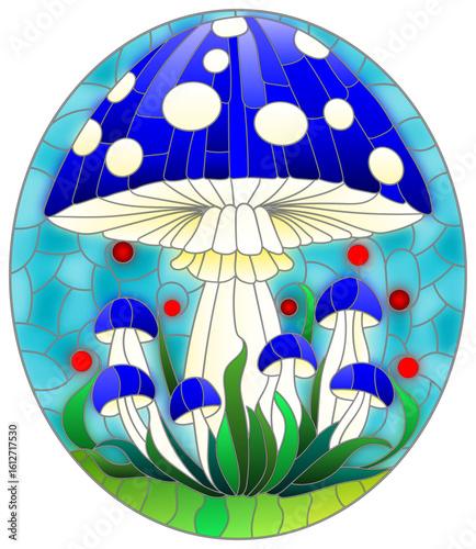 Illustration in the style of a stained glass window with bright mushrooms on a blue sky background