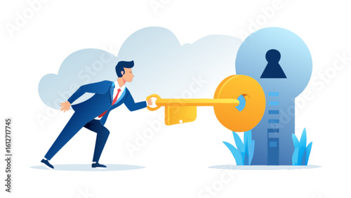 Businessman unlocking opportunity with key to success strategy and solution for growth concept design