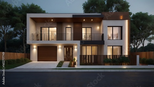 Fototapeta Naklejka Na Ścianę i Meble -  Front view 3D rendering of small terrace home, minimal lighting, realistic materials