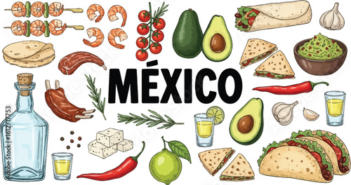Vibrant Mexican food collage with tacos, tequila, and spices