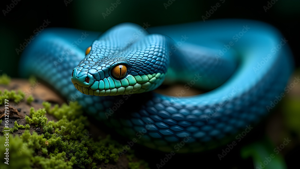 Fototapeta premium Blue Viper Snake Close-Up on Mossy Branch