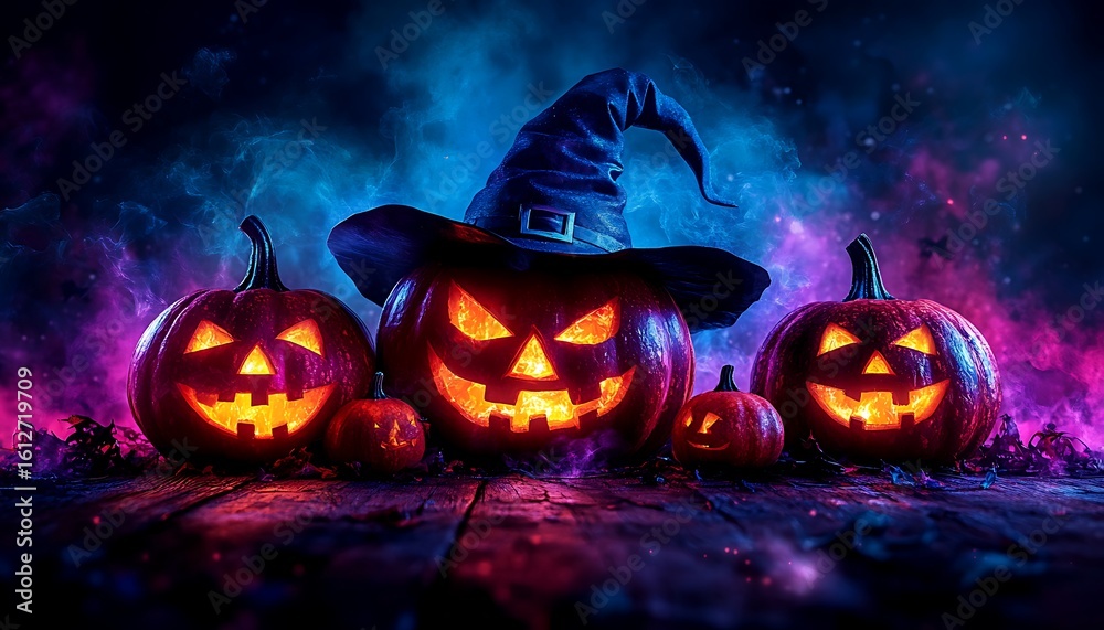 Naklejka premium Glowing Jack O Lanterns with Witch Hat on Wooden Surface at Night halloween pumpkin