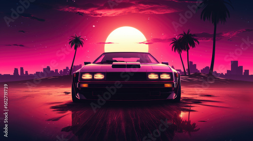 Neon Retro 80s-90s Futuristic Landscape with Synthwave Vibes