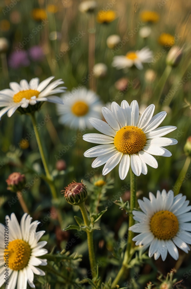 Obraz premium Close up of white daisies in a sunlit field