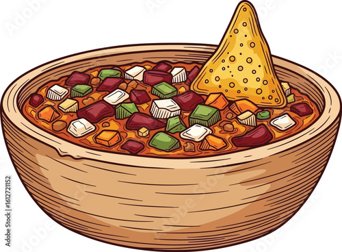 Savory chili bowl with a crunchy tortilla chip, perfect for snacking