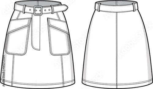 CAD drawing flat vector illustration of stylish A-line mini skirt with front flap pockets, belt, back view, and topstitch details