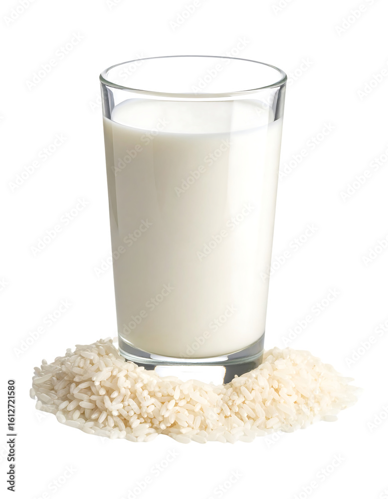 A glass of rice milk sits on a small pile of uncooked rice isolated on transparent background. A glass of rice milk sits on a small pile of uncooked rice isolated on transparent background.