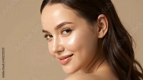 Closeup of a womans face showcasing her smooth skin elegant features and glossy lips