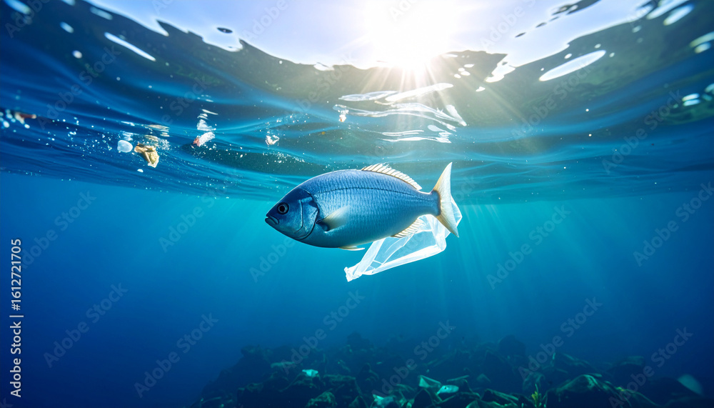 Obraz premium One fish swimming near floating plastic in clear water, underwater shot