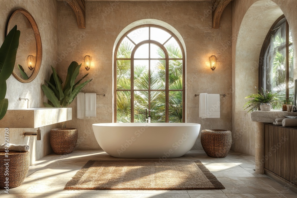 Fototapeta premium Mediterranean-inspired interior design of a spacious bathroom, featuring rustic elements and arched windows for a luxurious yet cozy atmosphere. Created with technology, Generative AI