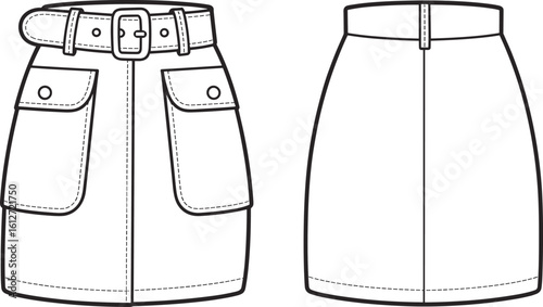 CAD flat vector illustration of mini skirt with belt, front and back view, flap pockets, detailed stitching, fashion technical drawing