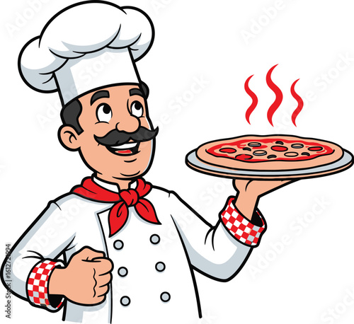 Smiling chef proudly presents hot pizza, perfect for restaurant promotions