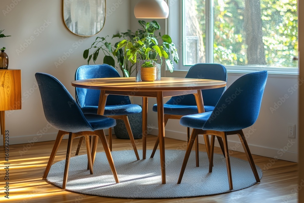 Fototapeta premium Round wooden dining table with blue chairs, designed in Scandinavian mid-century style for a modern dining room, Generative AI