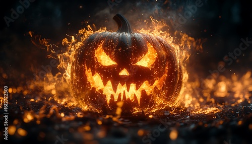 Jack O Lantern Pumpkin engulfed in flames with glowing eyes and teeth halloween fire