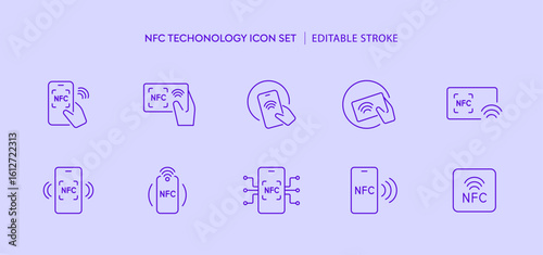NFC payment technology for contactless payment with NFC card, Credit card or smartphone icon set. Paying by mobile scan. Smart money transaction, finance economy concept. Simple editable stroke icons.