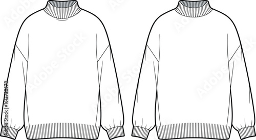 CAD flat vector illustration of unisex long sleeve pullover sweater with high ribbed neck, cuffs and hem, front and back view