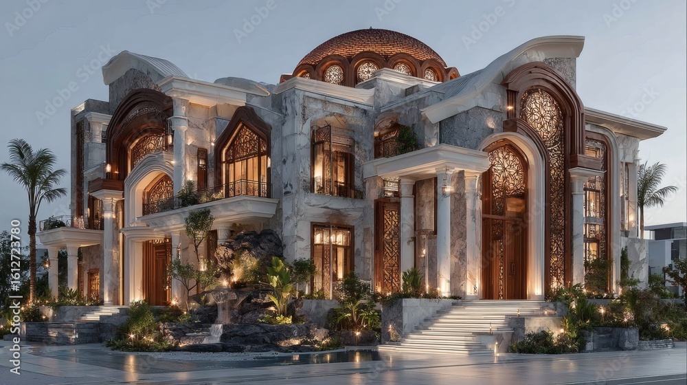 Obraz premium Luxurious Modern Mansion with Ornate Architecture and Elegant Lighting at Dusk