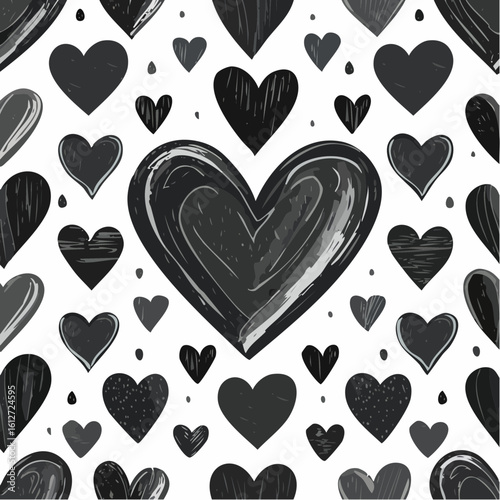 Doodle Heart Pattern, Romantic and Fun, Black and White Decorative Surface
