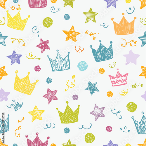 Whimsical Icons of Crowns and Stars, Playful Pattern for Kids’ Products and Decor
