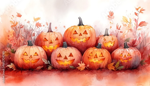 Seven glowing jack o lanterns in a watercolor autumn forest scene halloween pumpkin