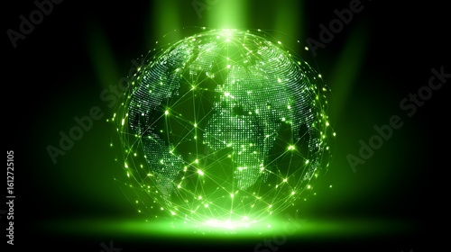 A glowing, green digital representation of the world.