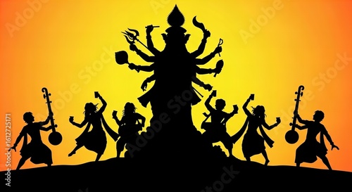 Dancing figures and deity silhouette durga music