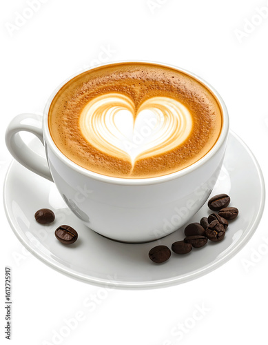 A white cup of coffee with a heart-shaped foam design sits on a saucer isolated on transparent background, surrounded by scattered coffee beans.