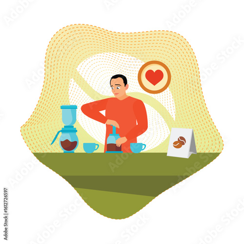 Coffee Fan. Barista Brewing Coffee in Cafe with Coffee Grinder and Cups.