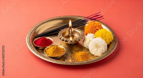 Golden puja thali with flowers and incense golden plate