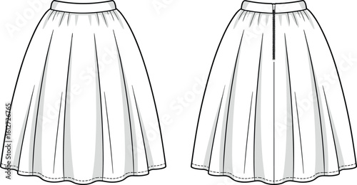 Front and back view of flared midi skirt, CAD flat fashion sketch, technical garment illustration, vector clothing design template