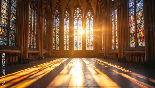 Sunlight Streaming Through Stained Glass Windows Illuminates Cathedral Interior