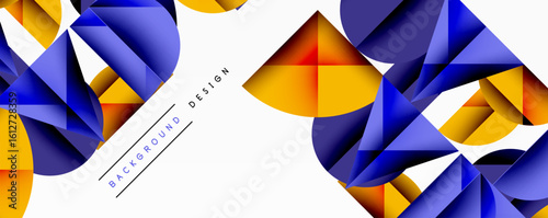 Abstract geometric shapes, vibrant colors, dynamic composition. Modern design elements create visually striking background.